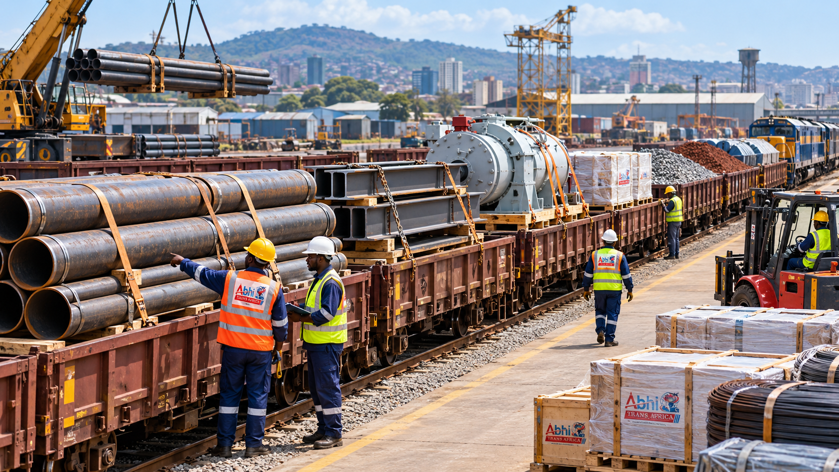 Heavy industrial goods transported in open railway wagons across Africa