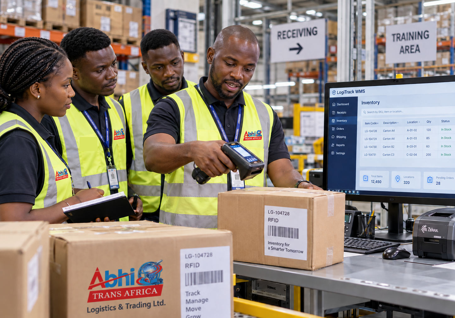 African warehouse team using logistics technology and processes